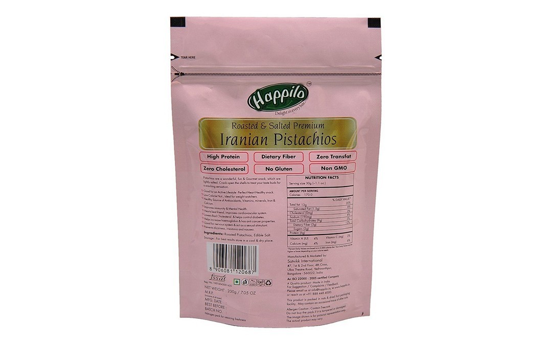 Happilo Roasted & Salted Premium Iranian Pistachios   Pack  200 grams